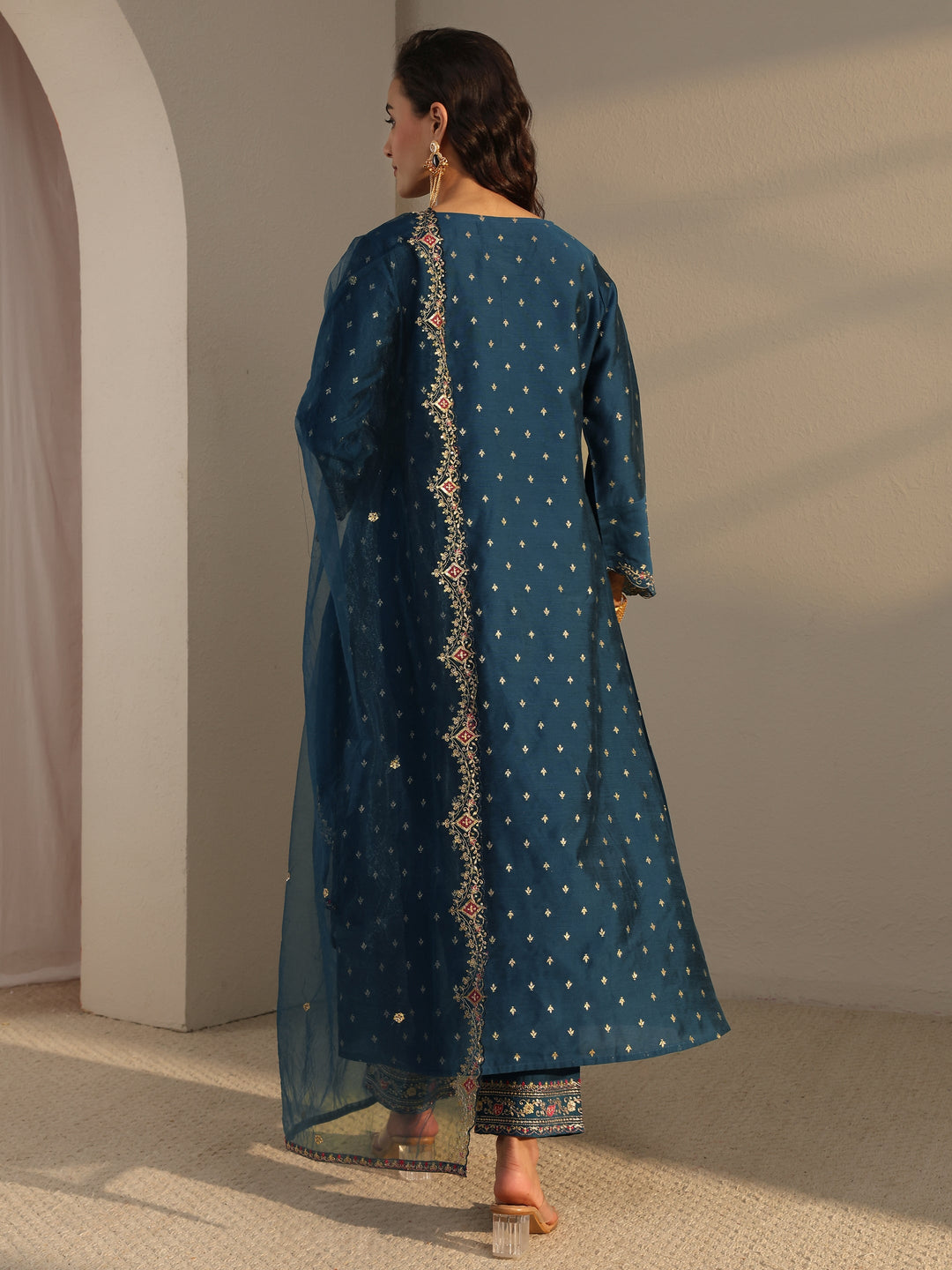  Blue Woven Design Silk Blend A-Line Suit Set With Dupatta 
