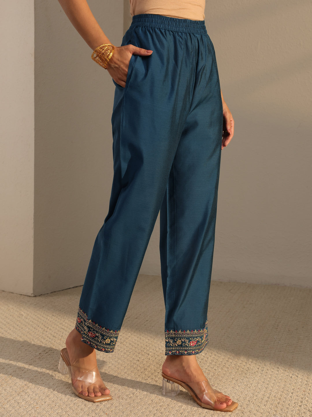  Blue Woven Design Silk Blend A-Line Suit Set With Dupatta 