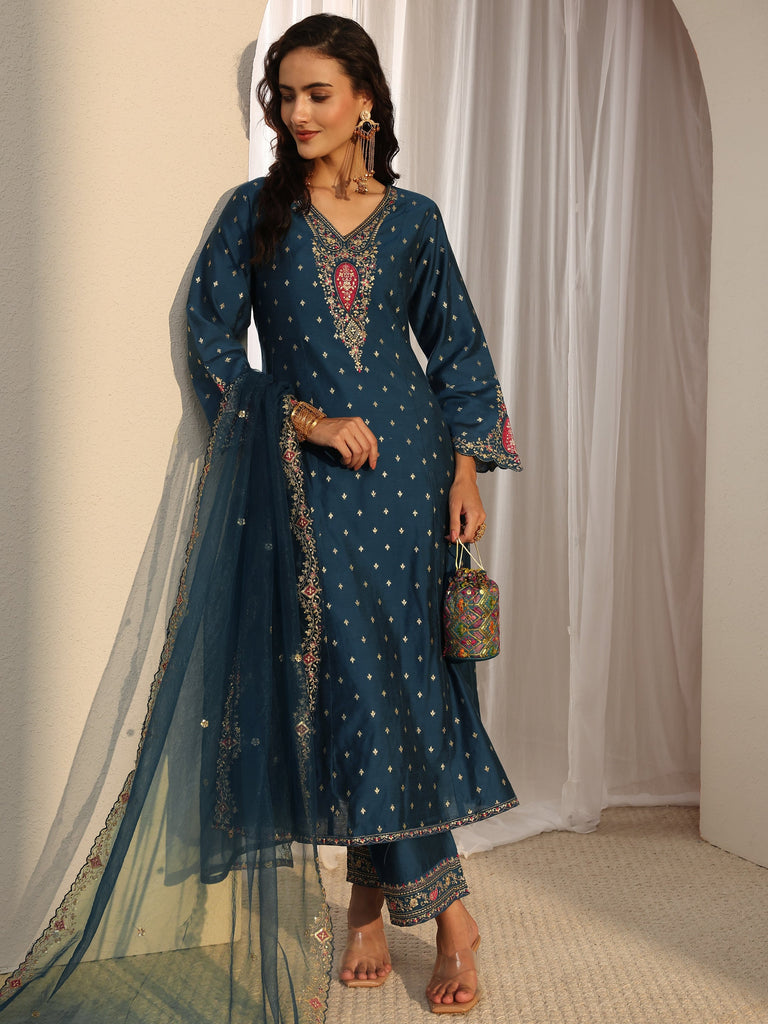 Libas Blue Woven Design Silk Blend A-Line Suit Set With Dupatta