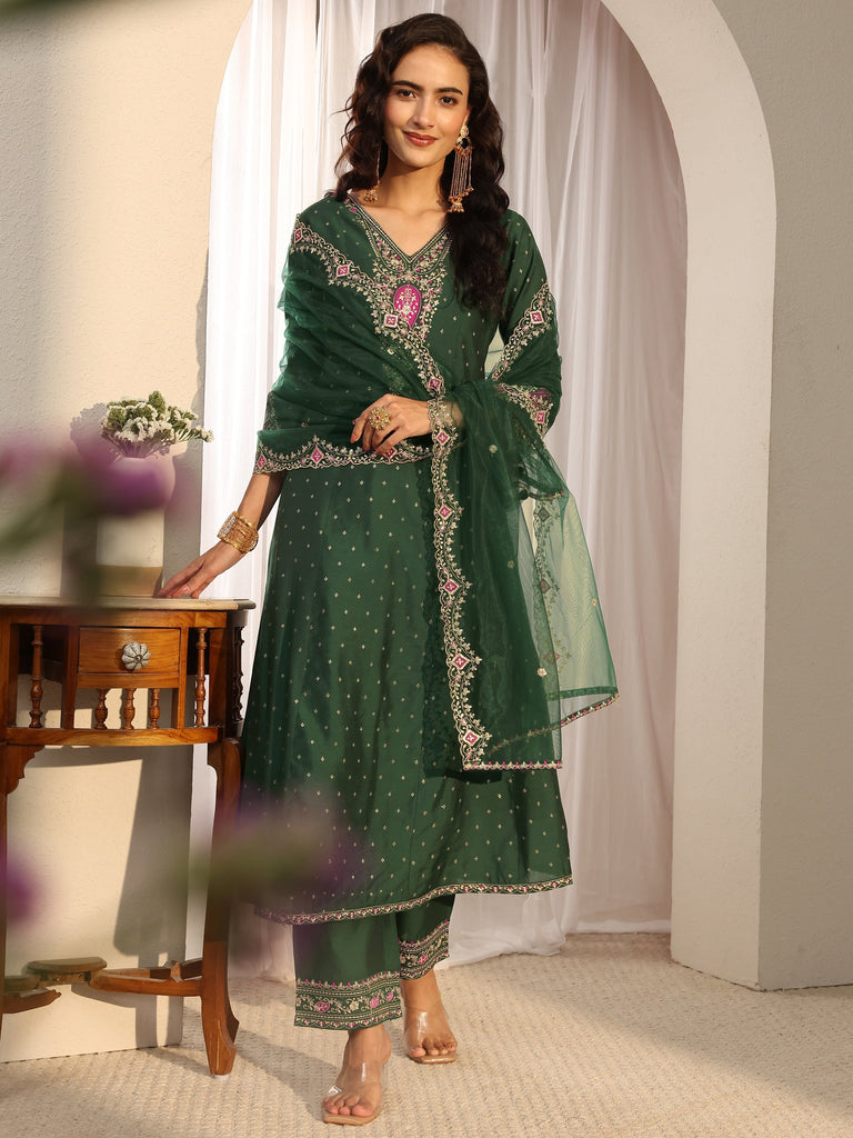 Libas Green Woven Design Silk Blend A-Line Suit Set With Dupatta