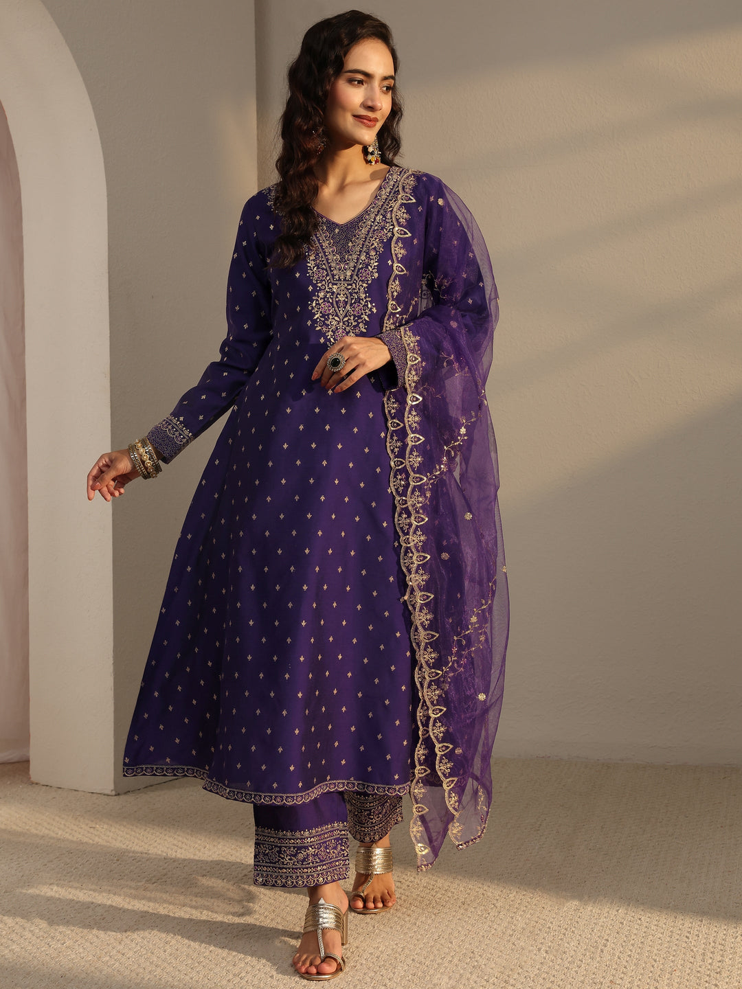  Purple Woven Design Silk Blend A-Line Suit Set With Dupatta 