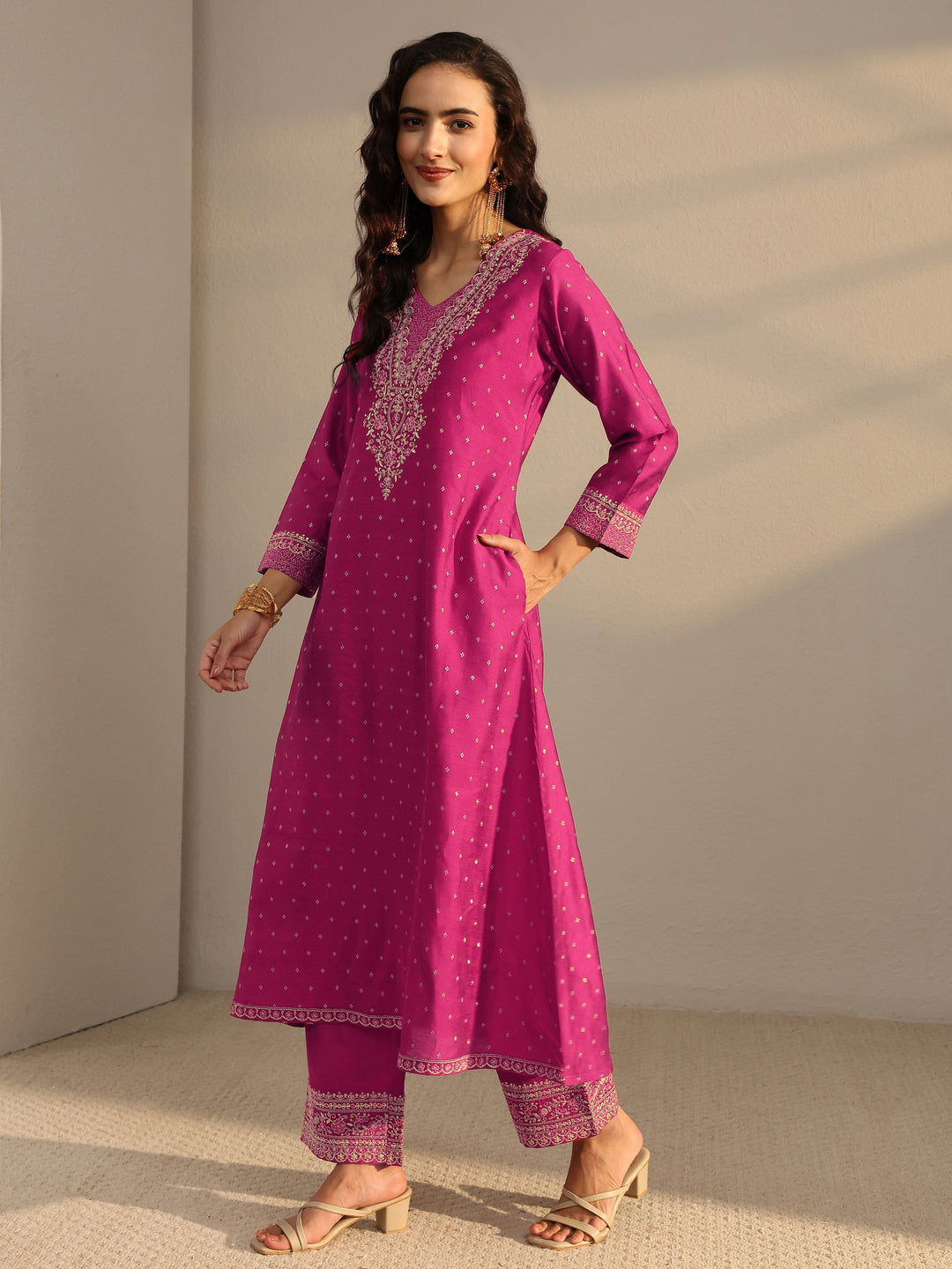  Pink Woven Design Silk Blend A-Line Suit Set With Dupatta 