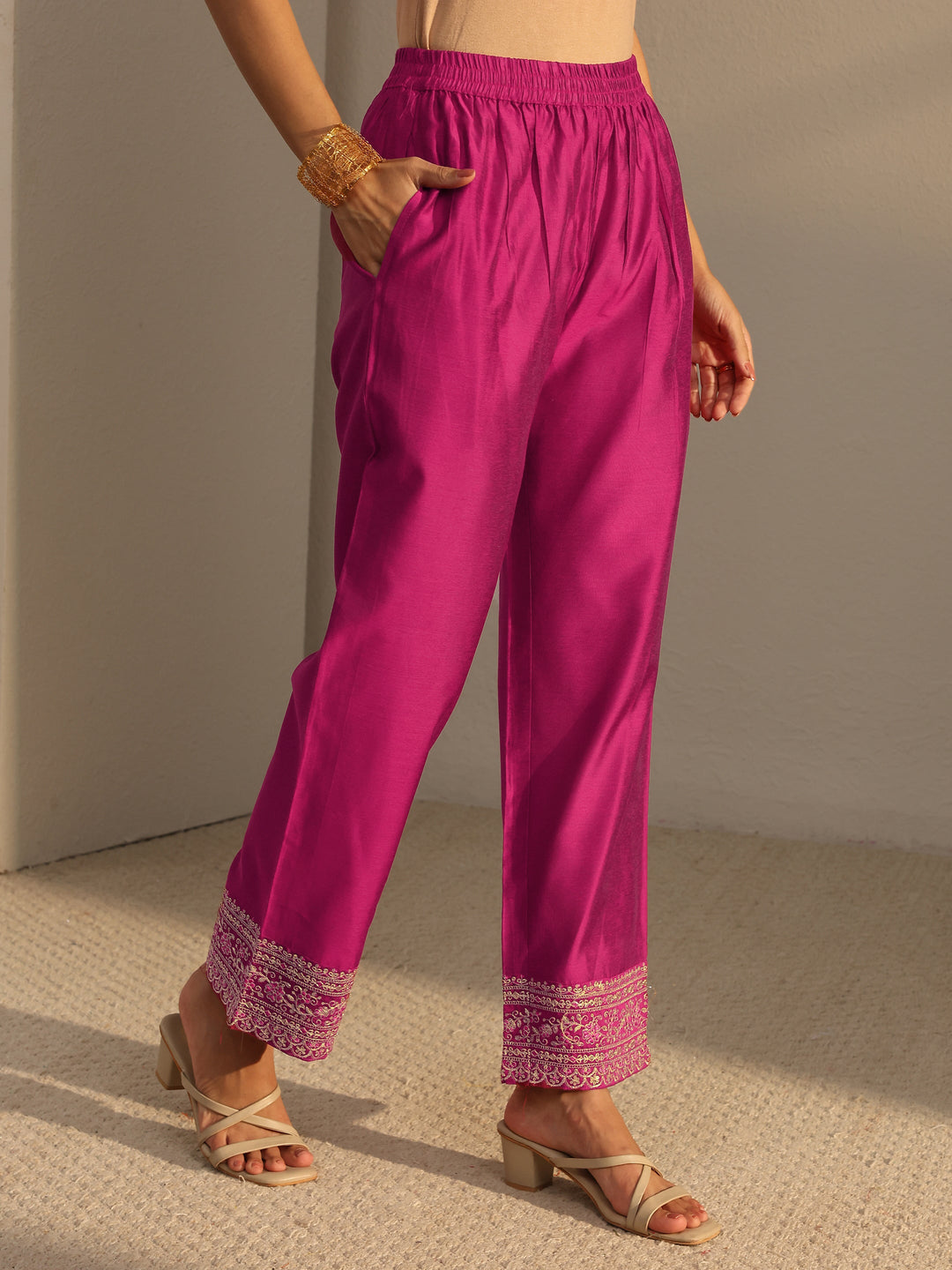  Pink Woven Design Silk Blend A-Line Suit Set With Dupatta 