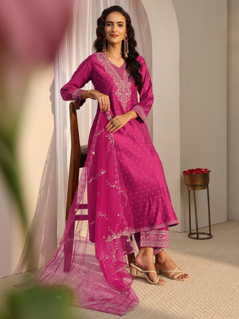 Libas Pink Woven Design Silk Blend A-Line Suit Set With Dupatta