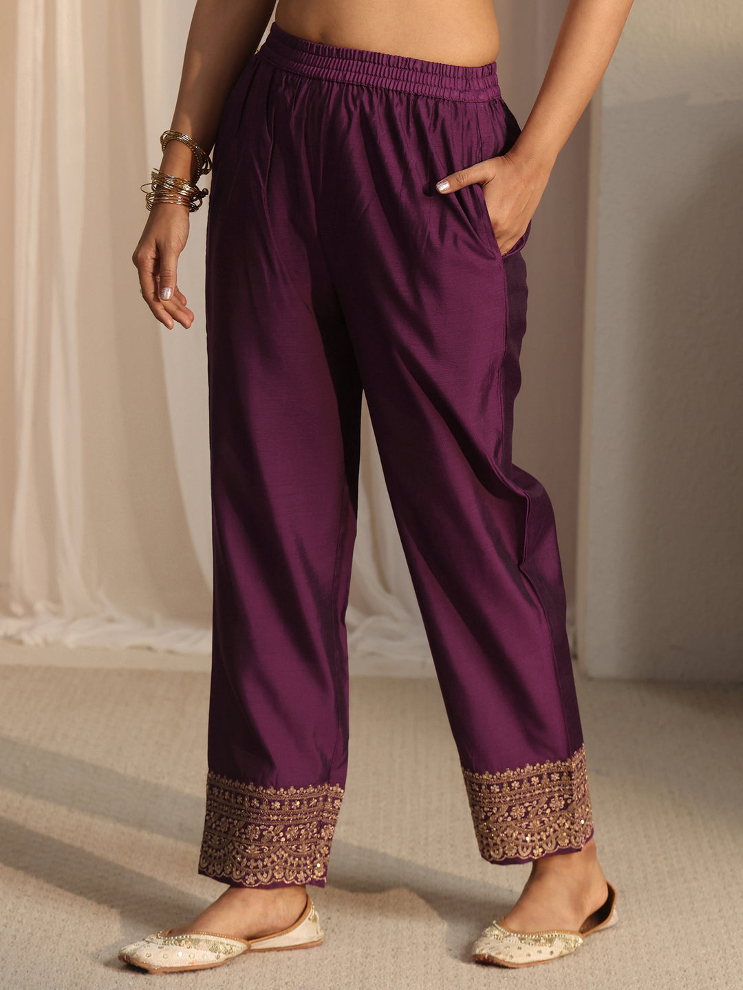  Libas Burgundy Ethnic Embroidered Silk Blend A-Line Suit Set 
