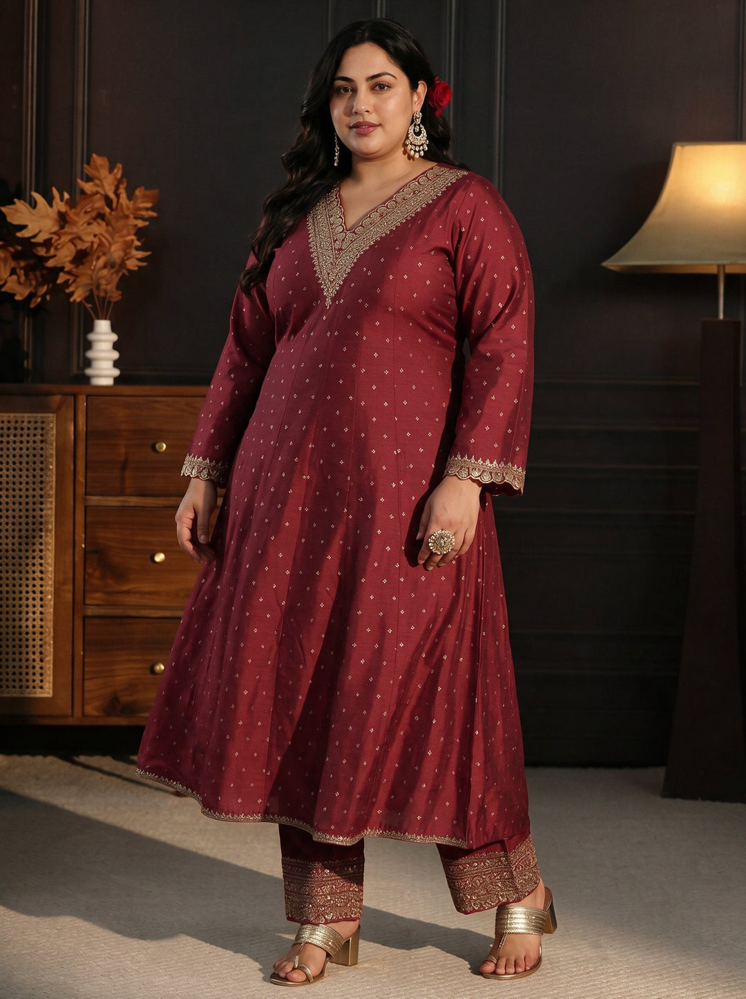  Plus Size Red Ethnic Motif Woven Design Silk Blend Anarkali Suit Set 