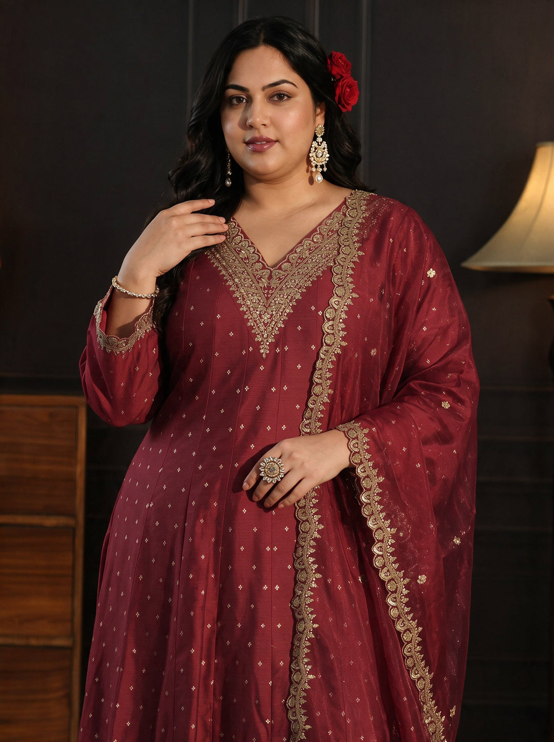  Plus Size Red Ethnic Motif Woven Design Silk Blend Anarkali Suit Set 