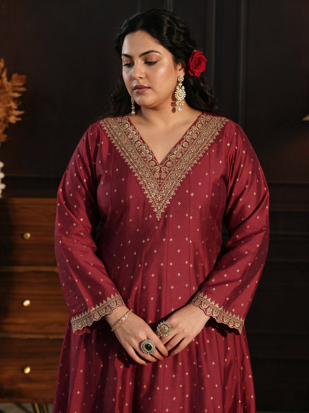  Plus Size Red Ethnic Motif Woven Design Silk Blend Anarkali Suit Set 