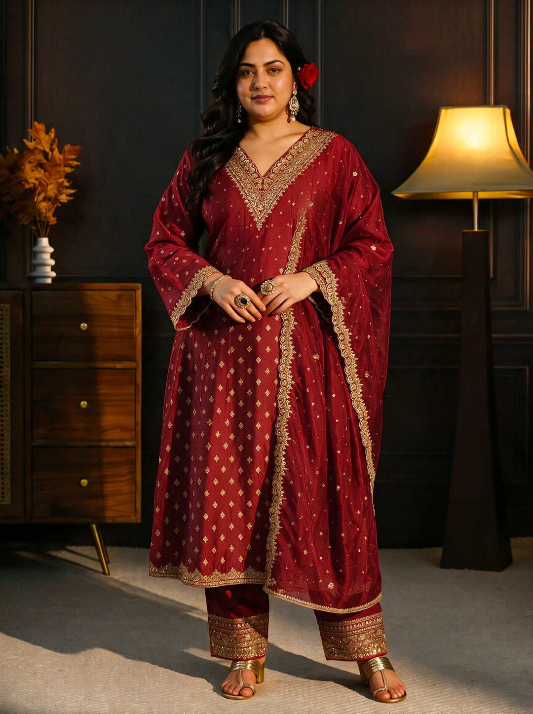  Plus Size Red Ethnic Motif Woven Design Silk Blend Anarkali Suit Set 