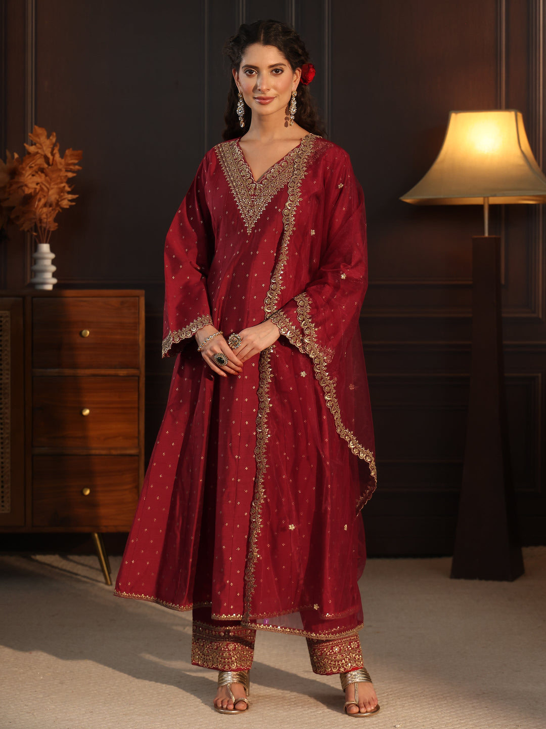 Libas Red ethnic motif woven design panelled anarkali kurta with solid trouser & embroidered net dupatta