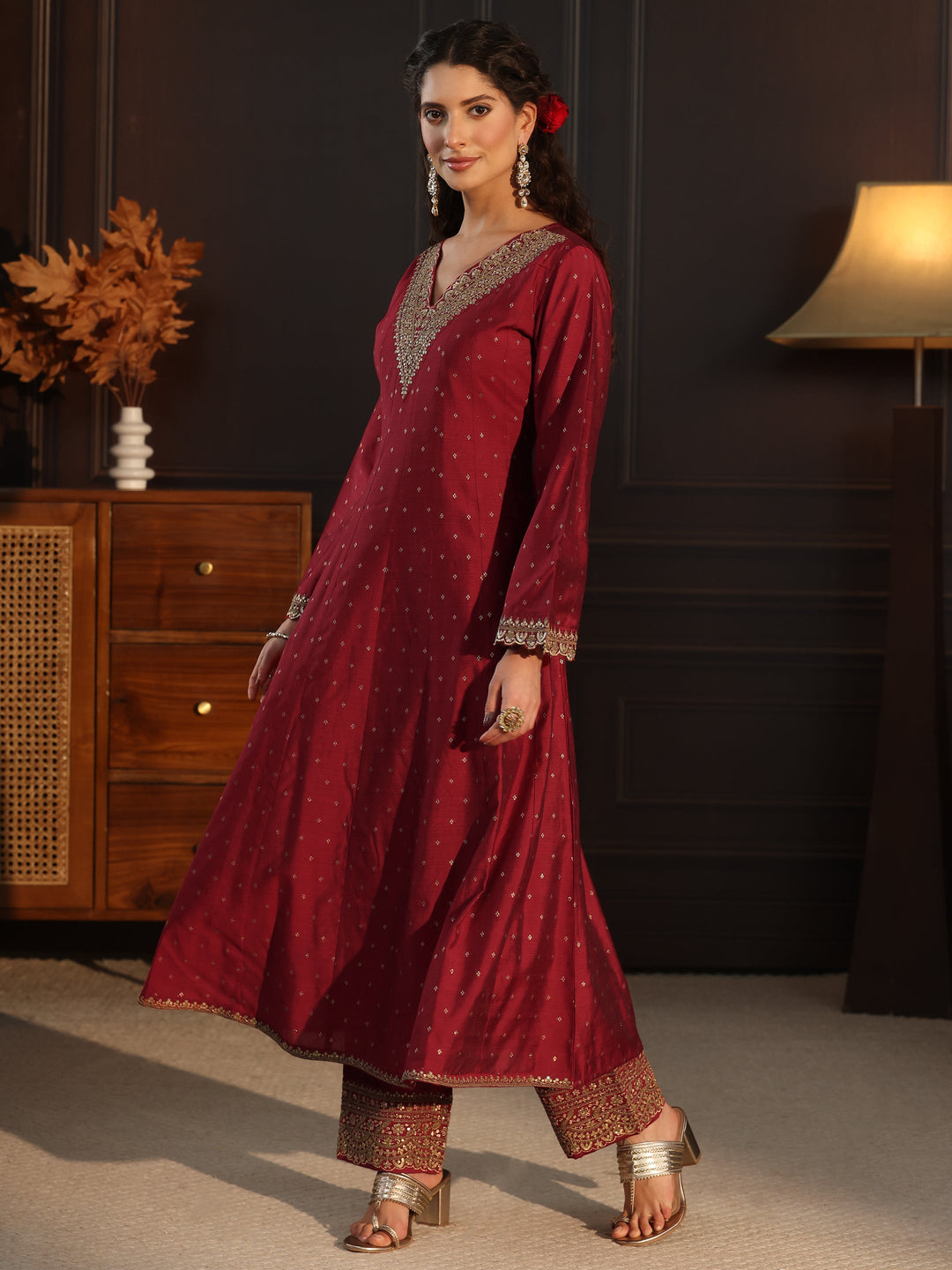  Libas Red ethnic motif woven design panelled anarkali kurta with solid trouser & embroidered net dupatta 