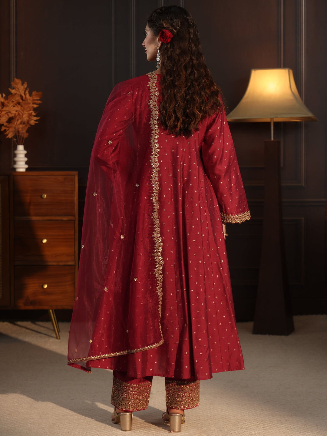  Libas Red ethnic motif woven design panelled anarkali kurta with solid trouser & embroidered net dupatta 