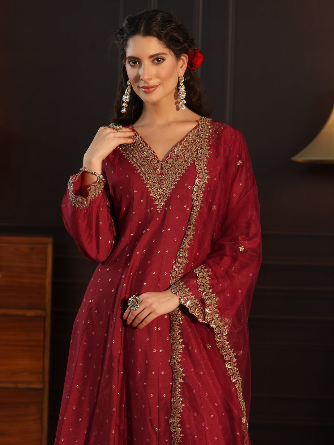  Libas Red ethnic motif woven design panelled anarkali kurta with solid trouser & embroidered net dupatta 
