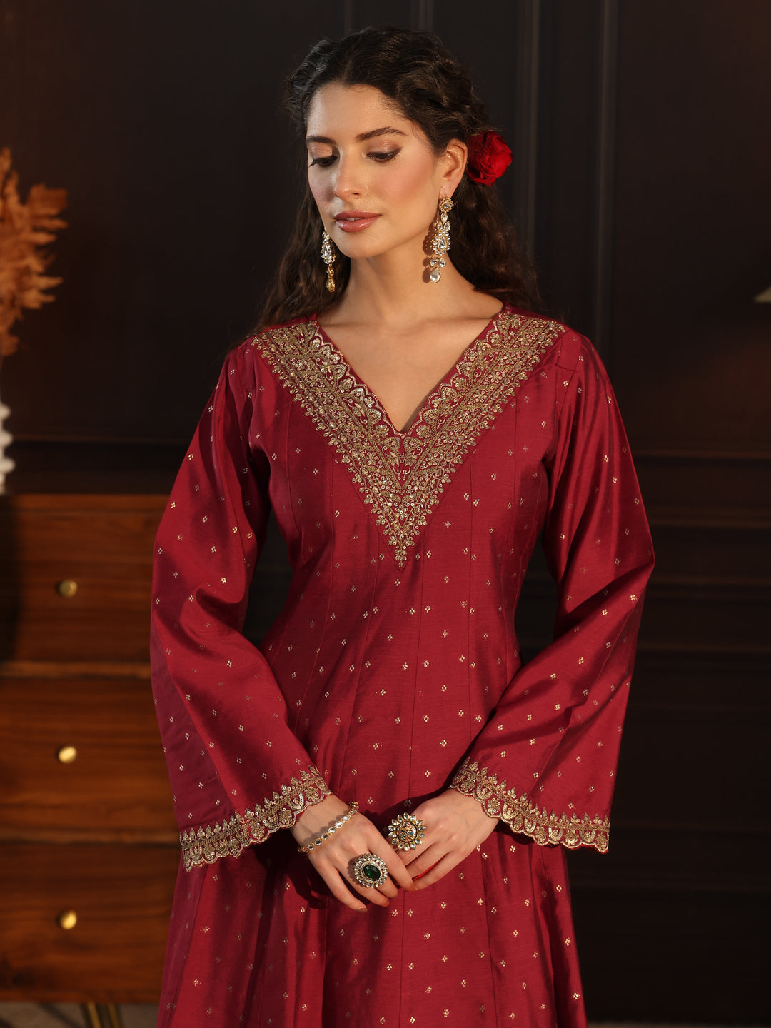  Libas Red ethnic motif woven design panelled anarkali kurta with solid trouser & embroidered net dupatta 