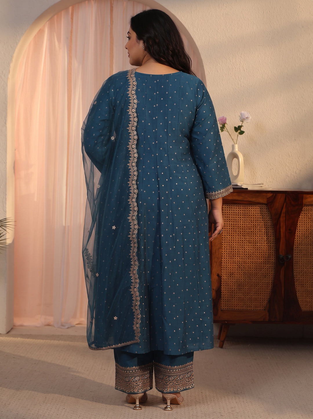  Plus Size Teal Blue Ethnic Embroidered Silk Blend A-Line Suit Set 