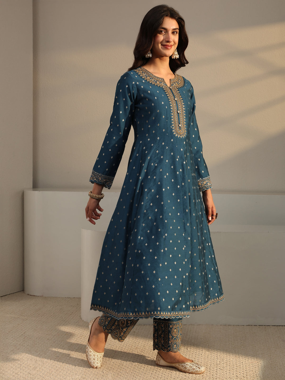  Teal Woven Design Silk Blend A-Line Suit Set With Dupatta 