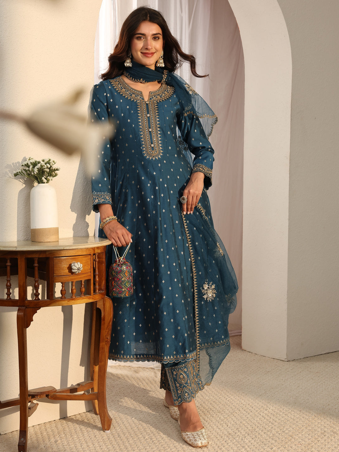  Teal Woven Design Silk Blend A-Line Suit Set With Dupatta 