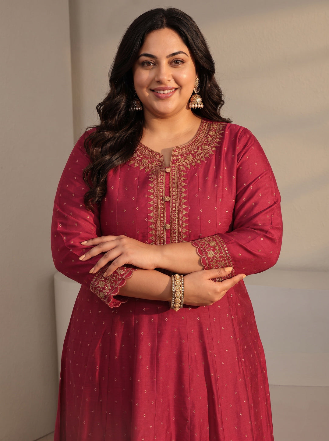  Plus Size Red Woven Design Silk Blend A-Line Suit Set With Dupatta 