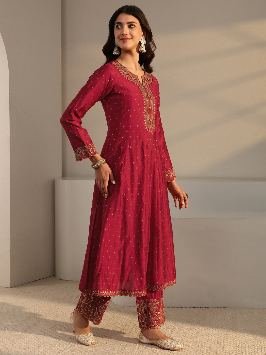  Red Woven Design Silk Blend A-Line Suit Set With Dupatta 