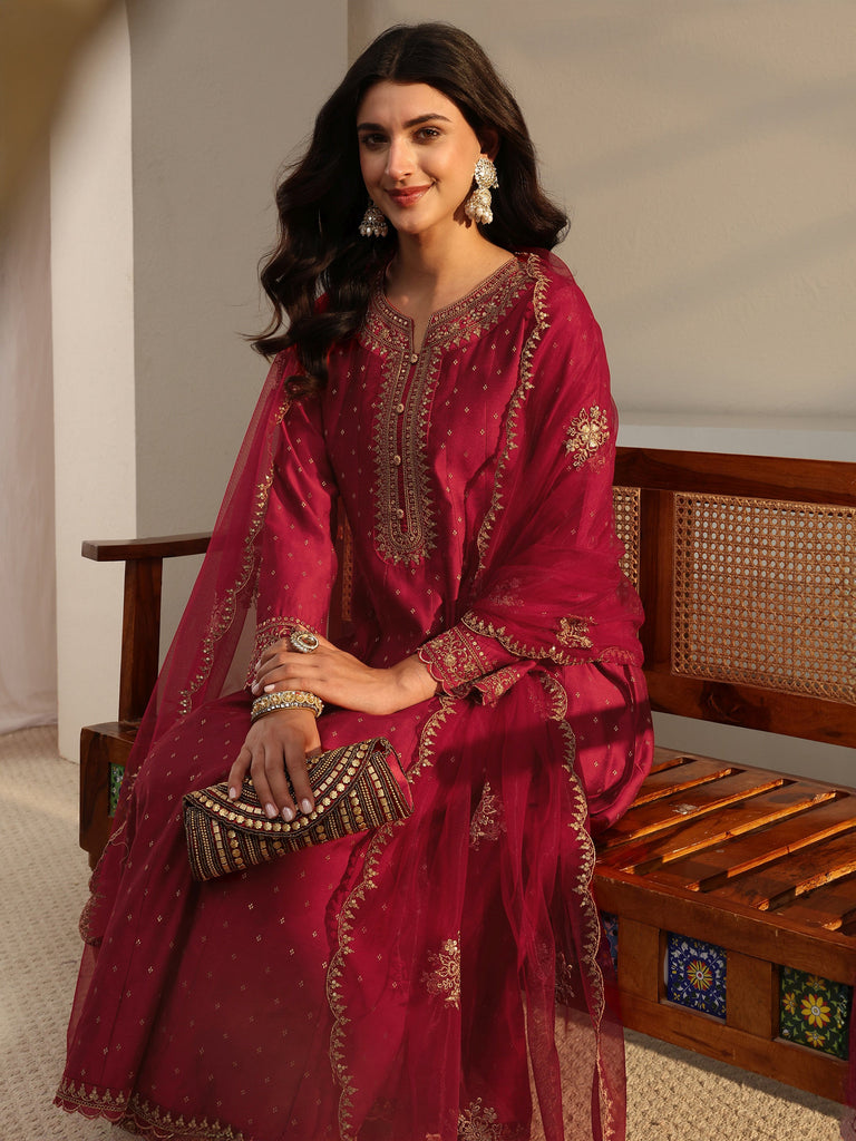 Libas Red Woven Design Silk Blend A-Line Suit Set With Dupatta