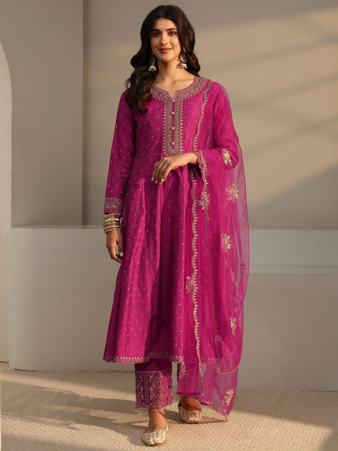  Pink Woven Design Silk Blend A-Line Suit Set With Dupatta 