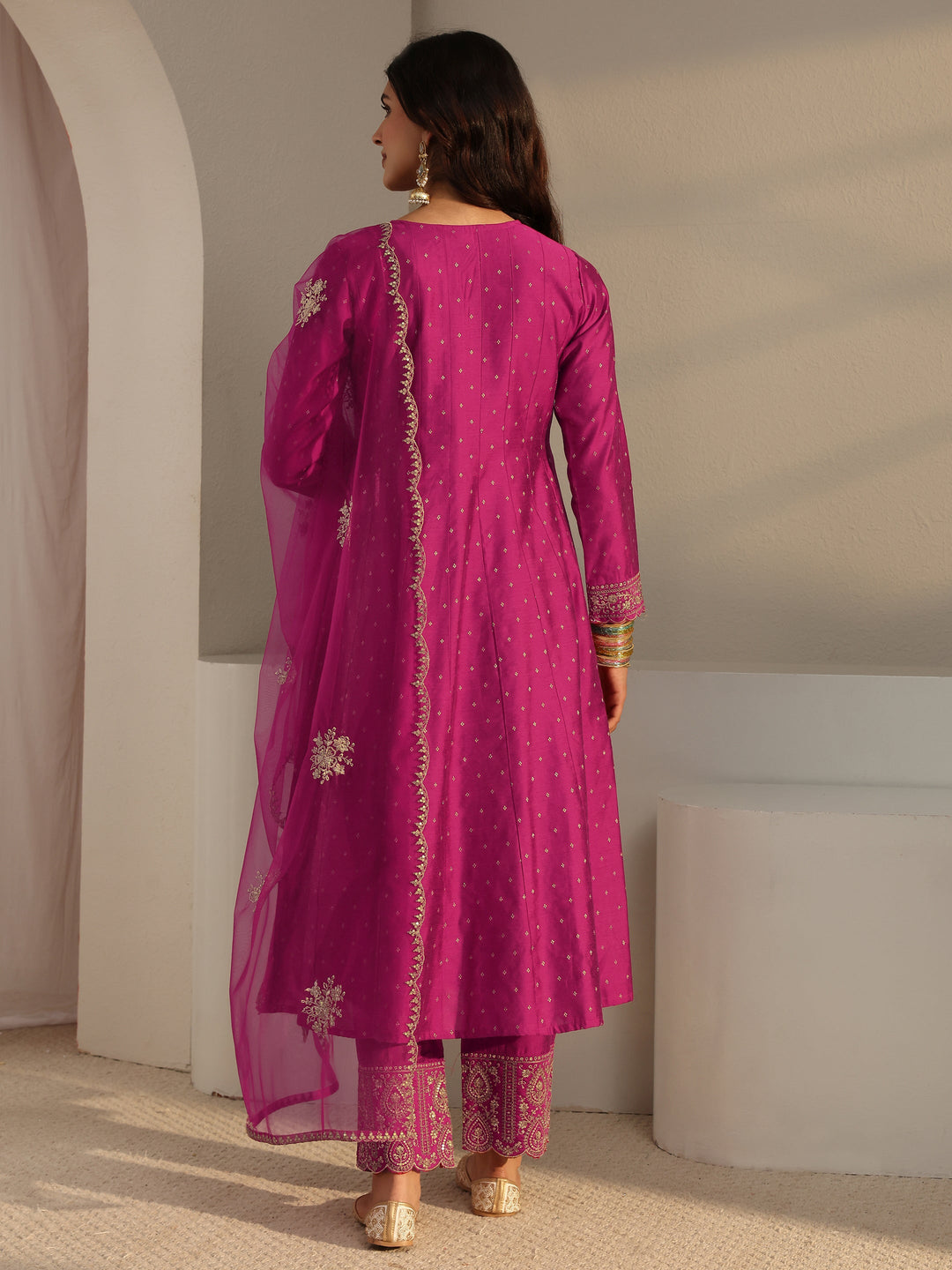  Pink Woven Design Silk Blend A-Line Suit Set With Dupatta 