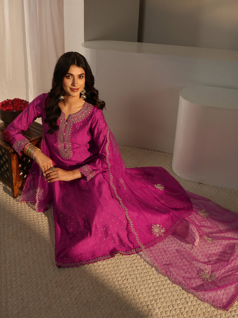 Libas Pink Woven Design Silk Blend A-Line Suit Set With Dupatta