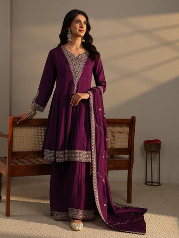 Libas Purple Woven Design Silk Blend Shara Suit Set With Dupatta