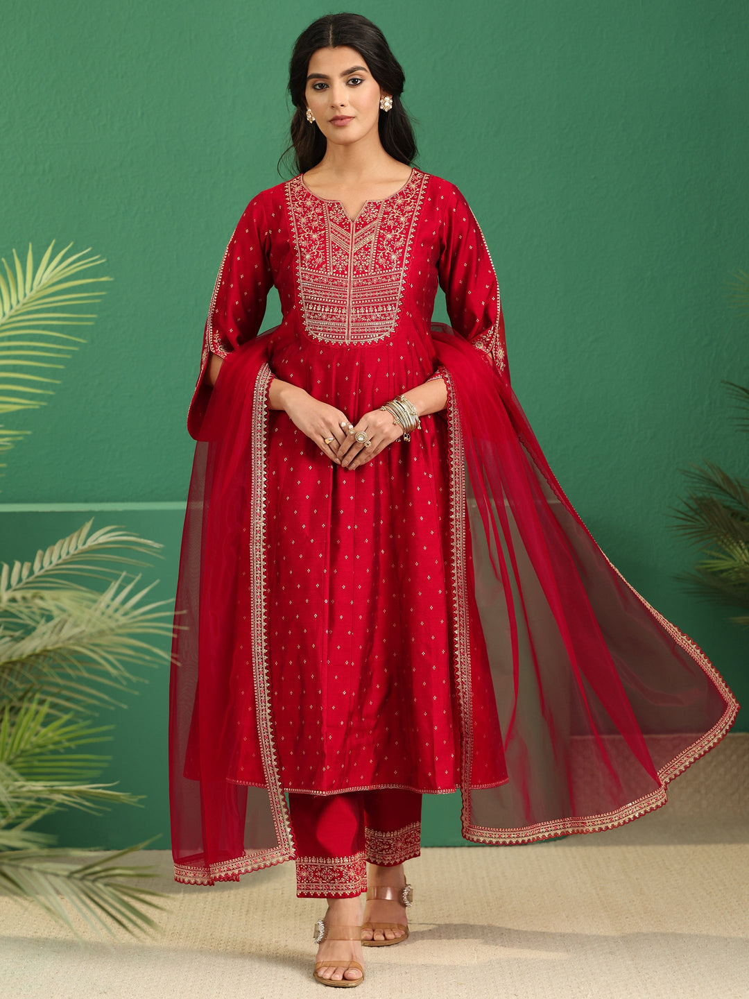  Libas Crimson Red Woven Design Silk Blend Anarakali Suit Set 