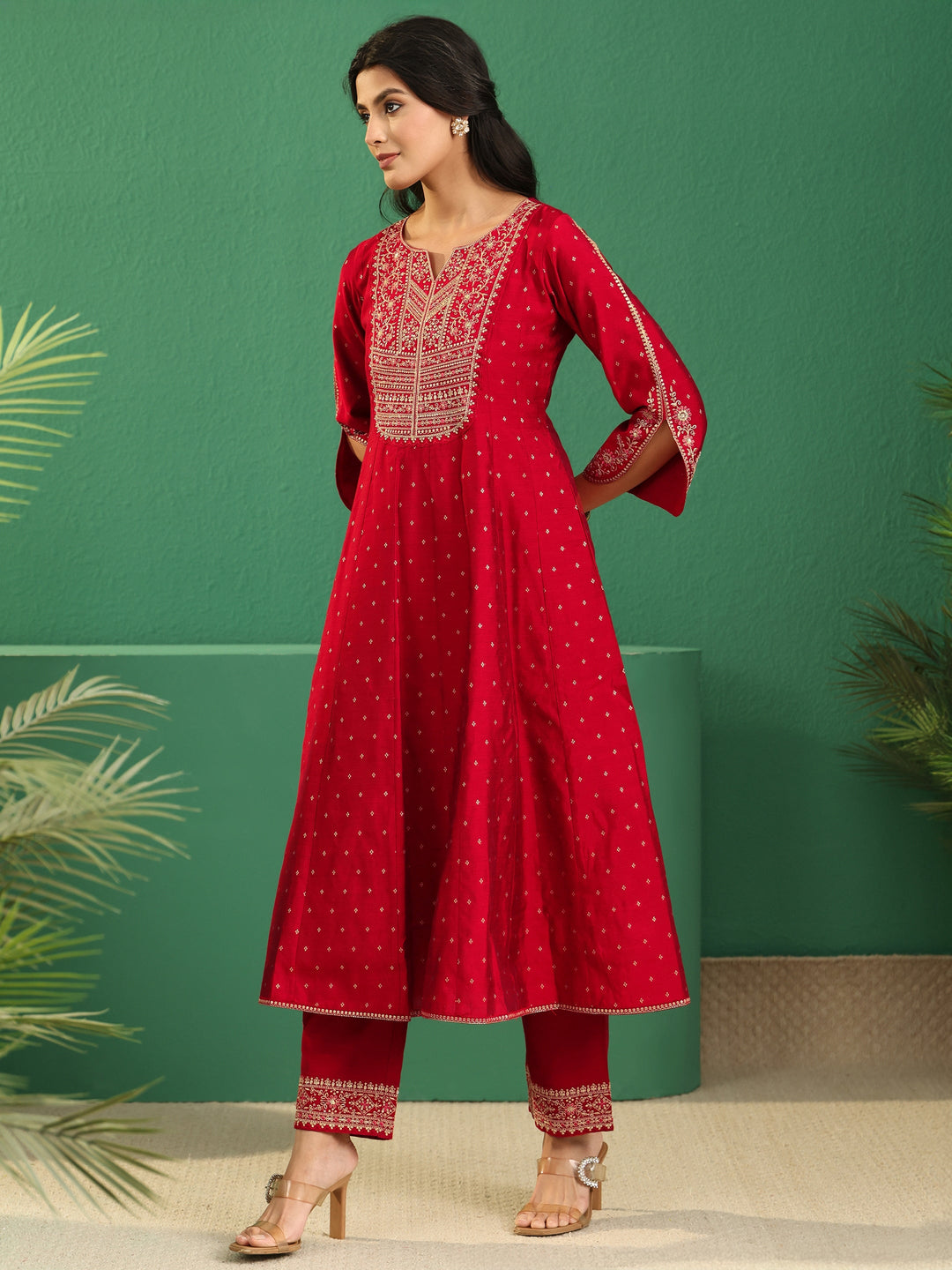  Libas Crimson Red Woven Design Silk Blend Anarakali Suit Set 