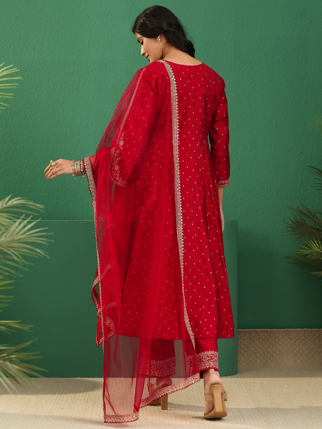  Libas Crimson Red Woven Design Silk Blend Anarakali Suit Set 