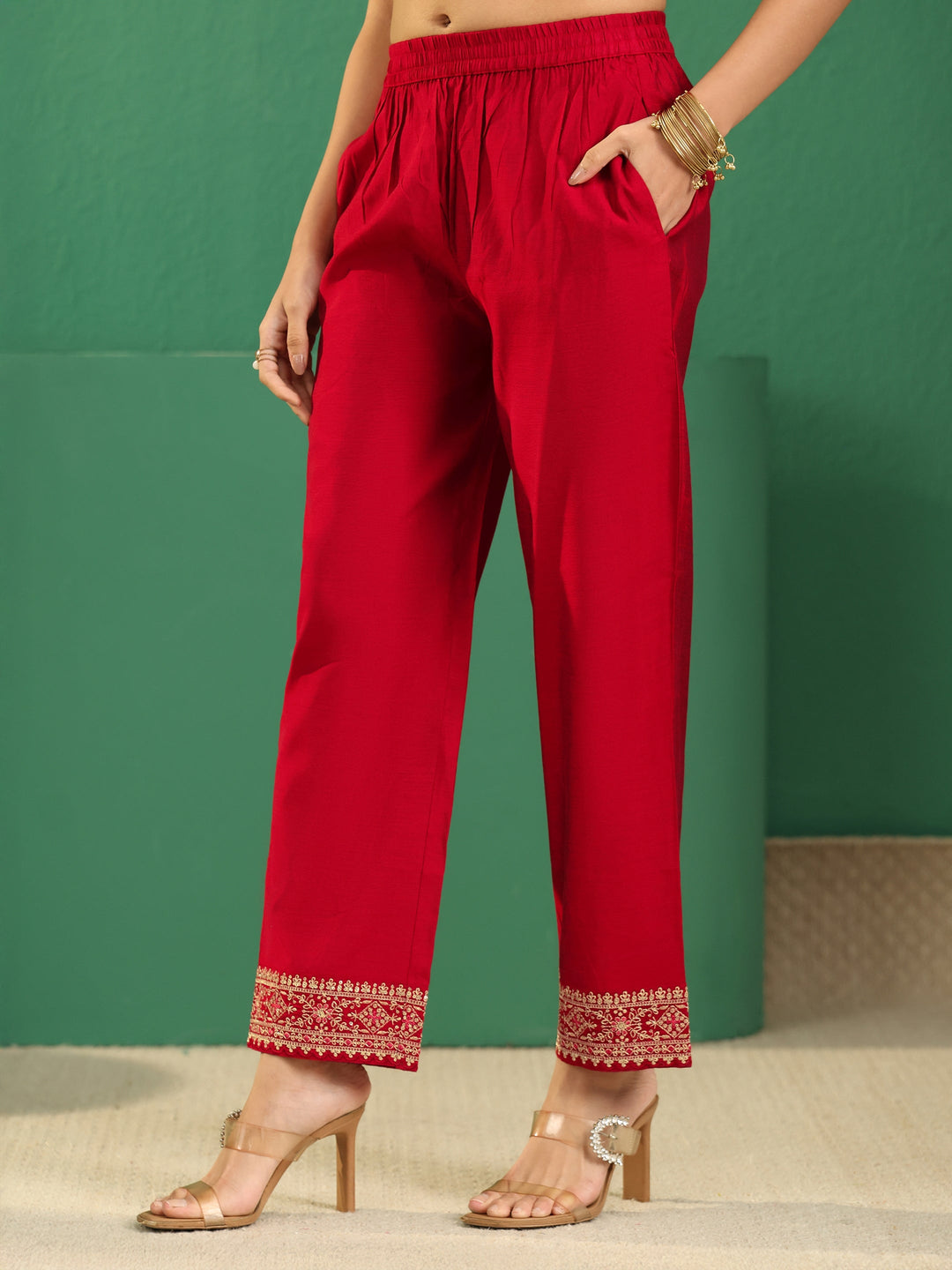  Libas Crimson Red Woven Design Silk Blend Anarakali Suit Set 
