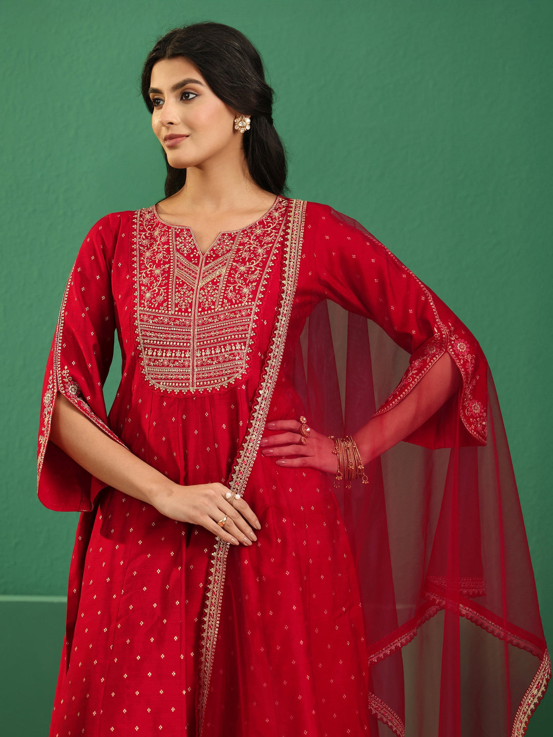  Libas Crimson Red Woven Design Silk Blend Anarakali Suit Set 