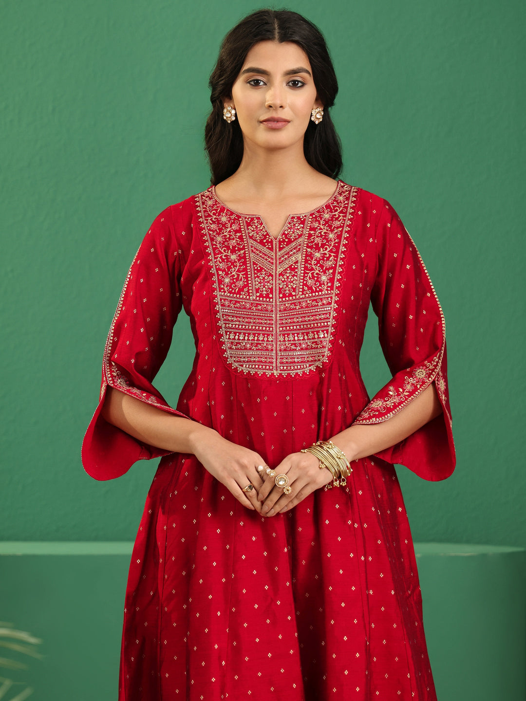  Libas Crimson Red Woven Design Silk Blend Anarakali Suit Set 