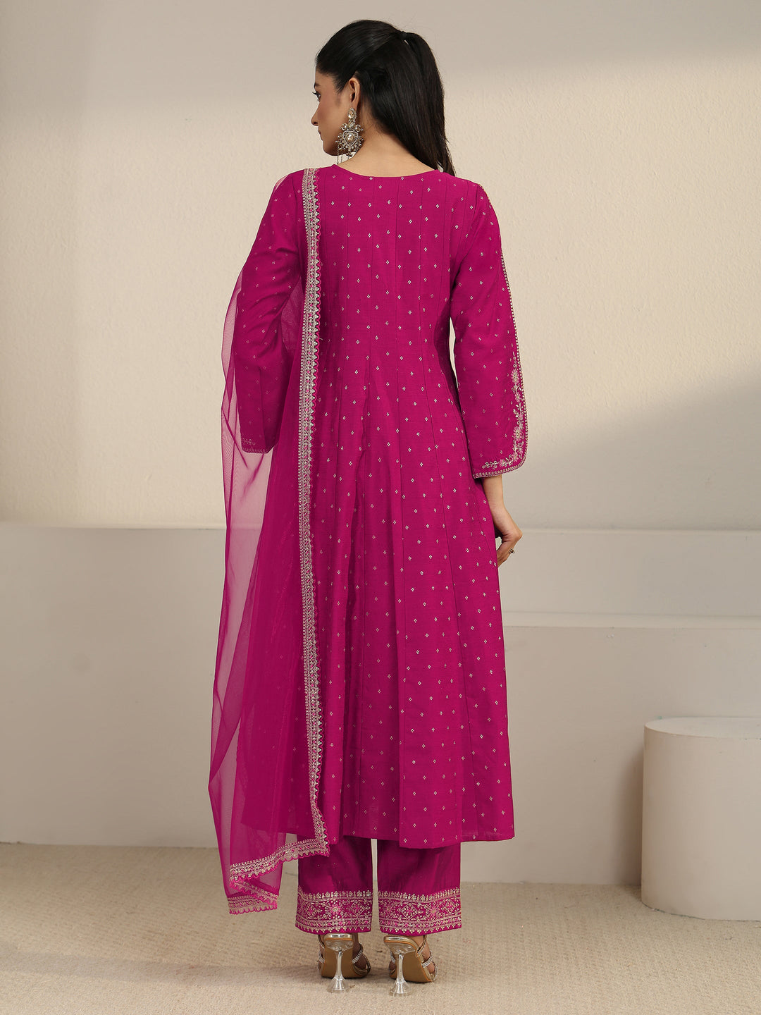  Libas Magenta Pink Floral Embroidered Silk Blend Anarakali Suit Set 