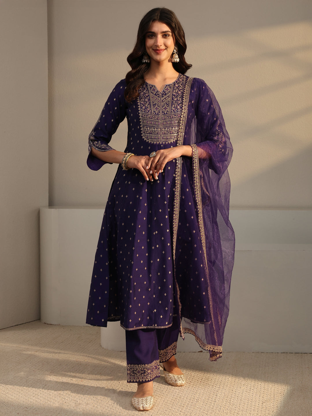  Purple Woven Design Silk Blend A-Line Suit Set With Dupatta 