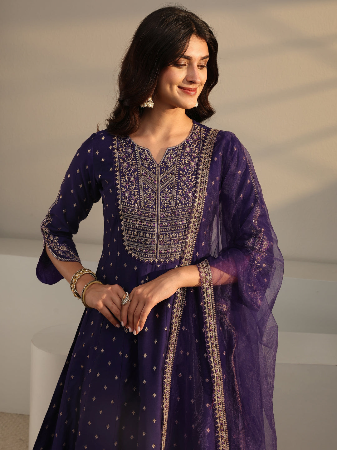  Purple Woven Design Silk Blend A-Line Suit Set With Dupatta 