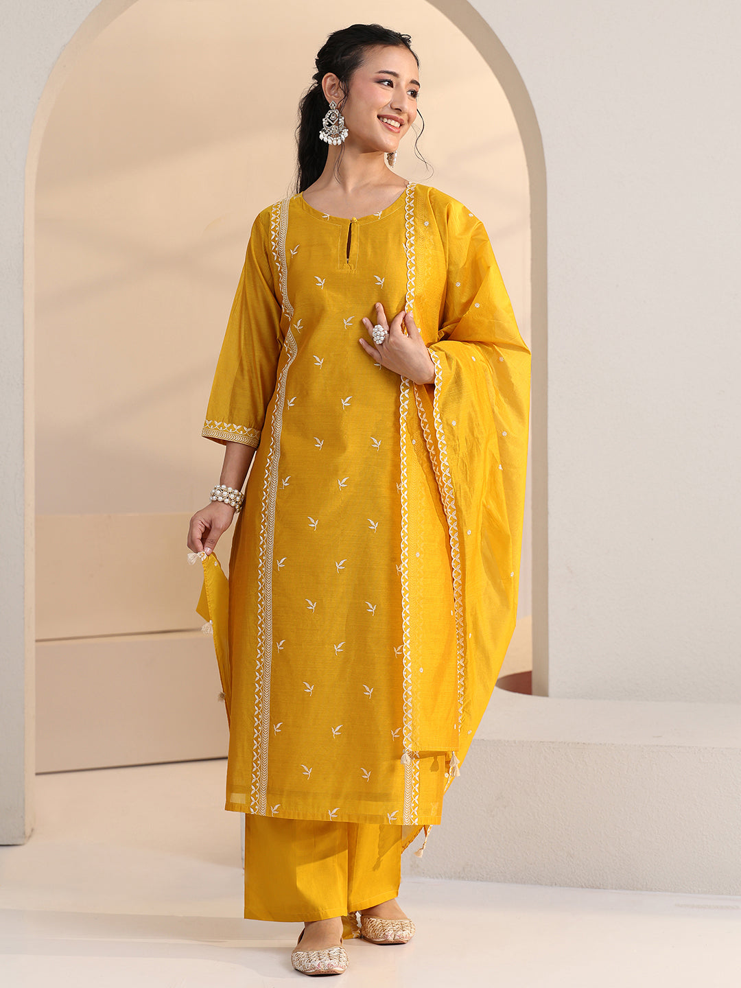  Libas Yellow Floral Embroidered Chanderi Silk Straight Suit Set 