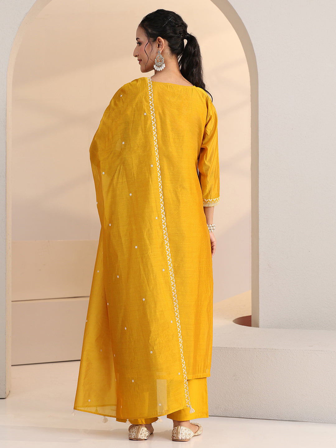  Libas Yellow Floral Embroidered Chanderi Silk Straight Suit Set 