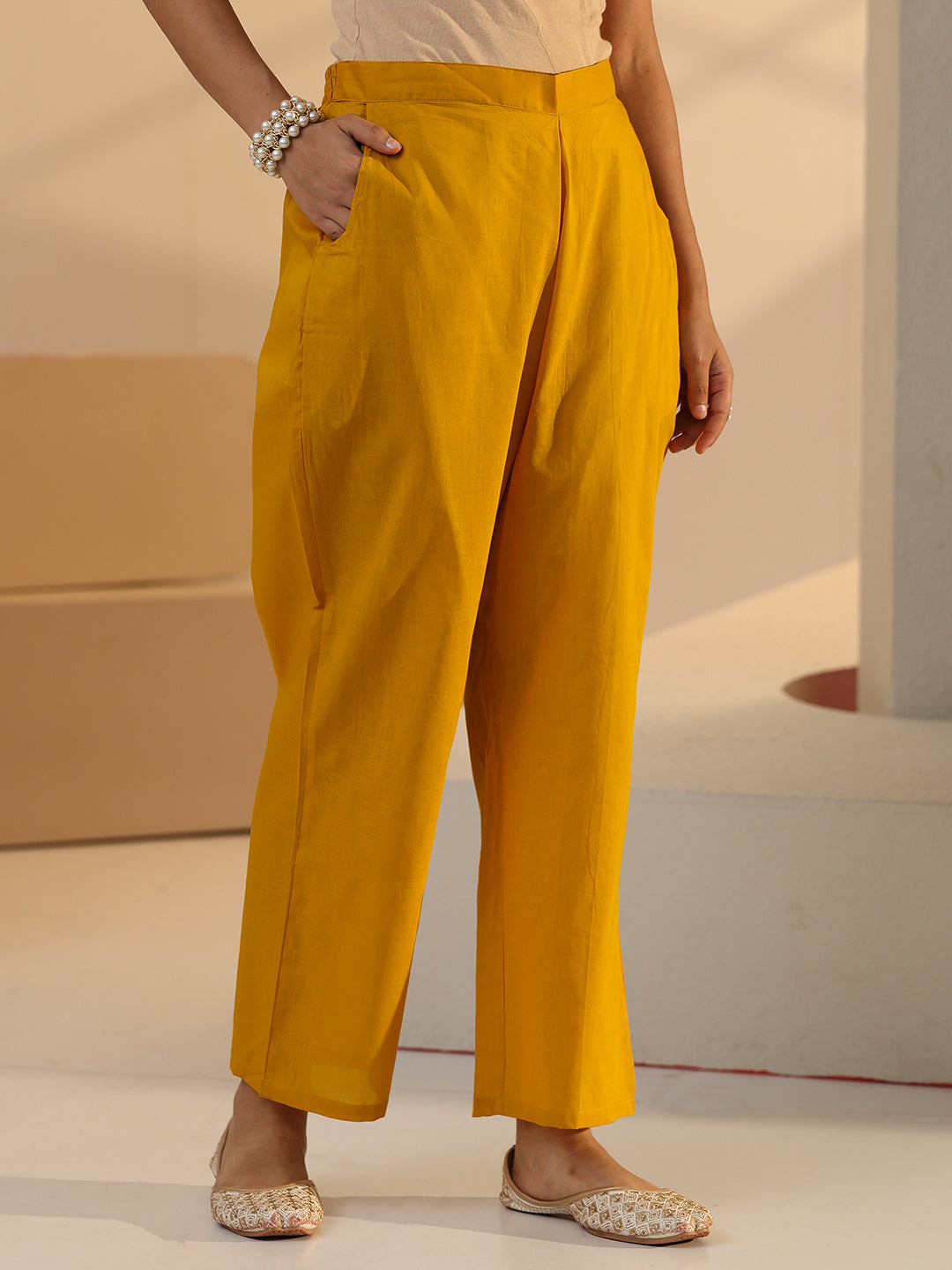  Libas Yellow Floral Embroidered Chanderi Silk Straight Suit Set 