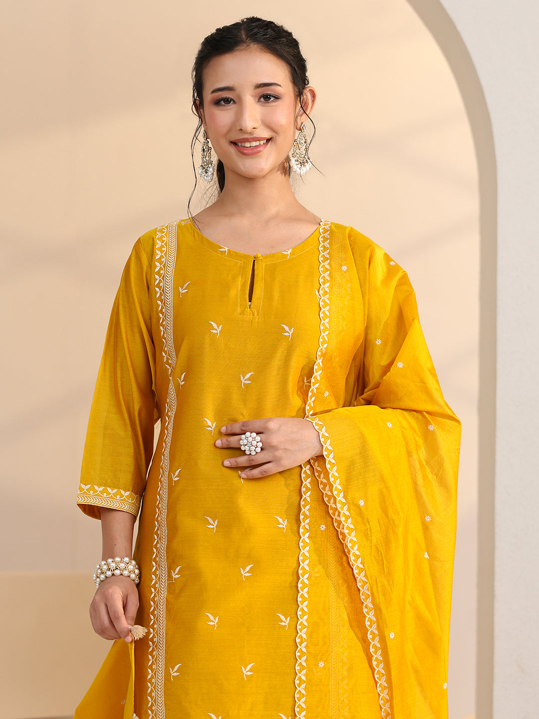  Libas Yellow Floral Embroidered Chanderi Silk Straight Suit Set 