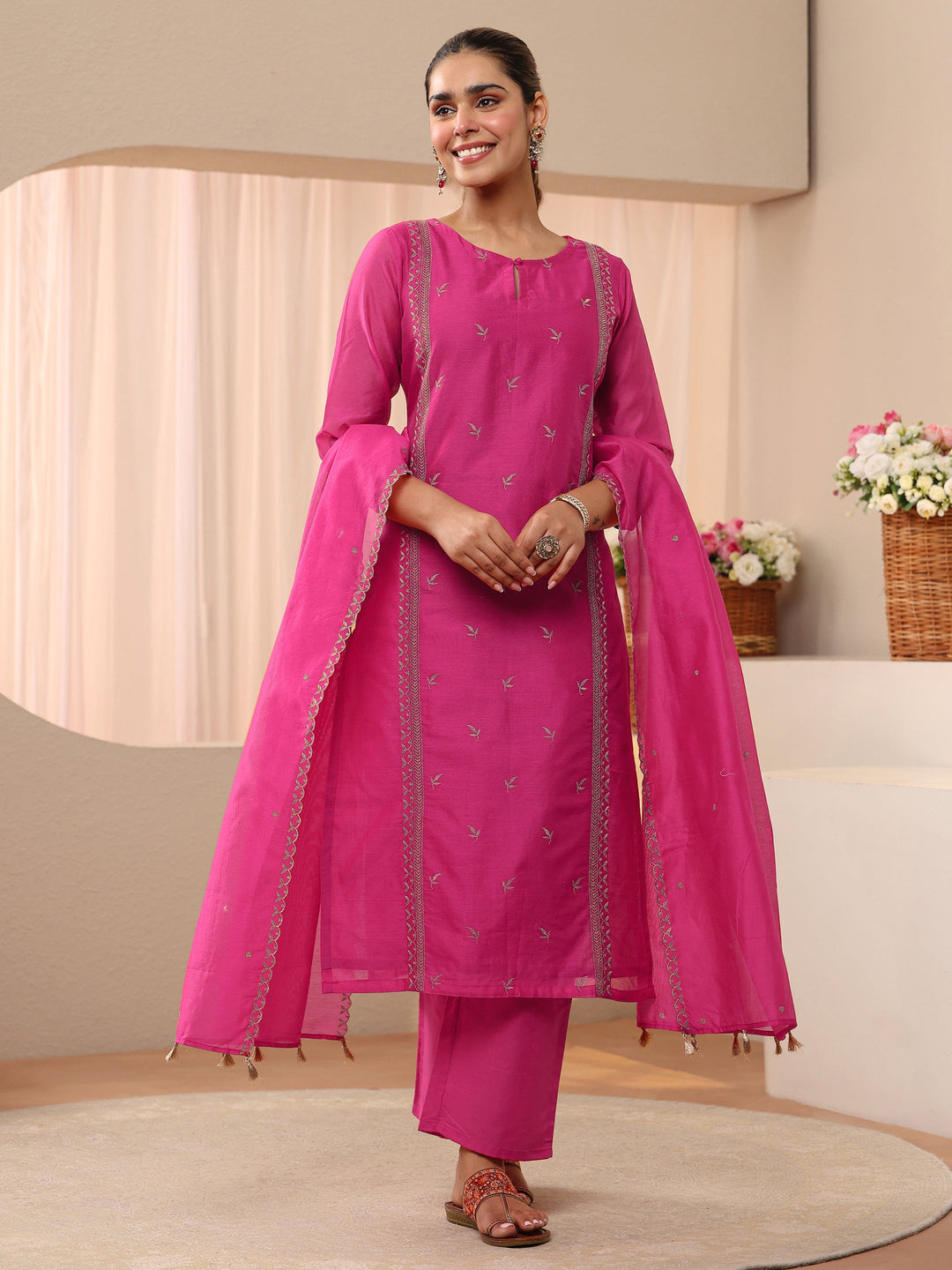  Pink Floral Embroidered Chanderi Silk Straight Suit Set 