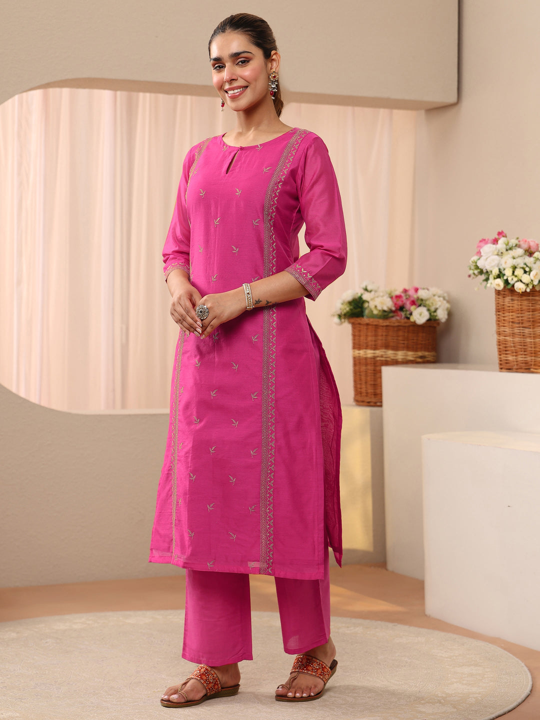  Pink Floral Embroidered Chanderi Silk Straight Suit Set 