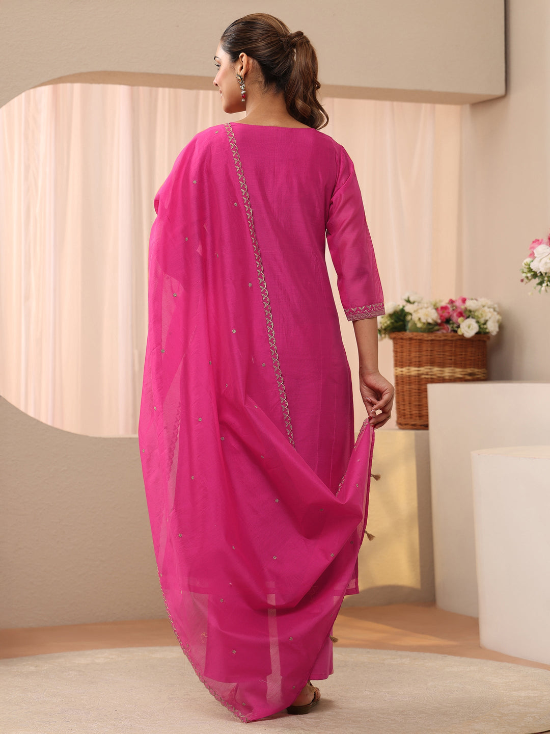  Pink Floral Embroidered Chanderi Silk Straight Suit Set 