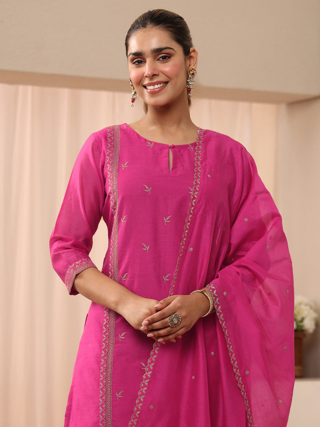  Pink Floral Embroidered Chanderi Silk Straight Suit Set 
