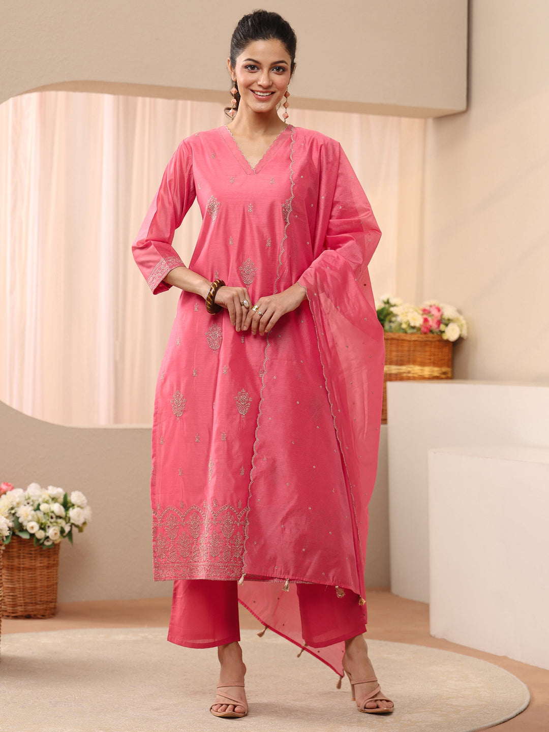  Pink Ethnic Embroidered Chanderi Silk Straight Suit Set 