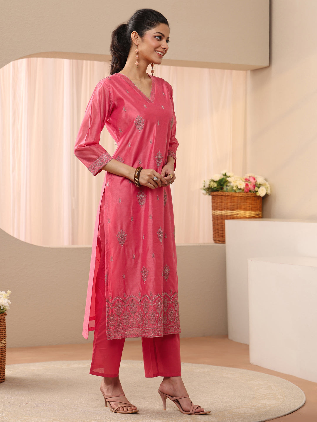  Pink Ethnic Embroidered Chanderi Silk Straight Suit Set 