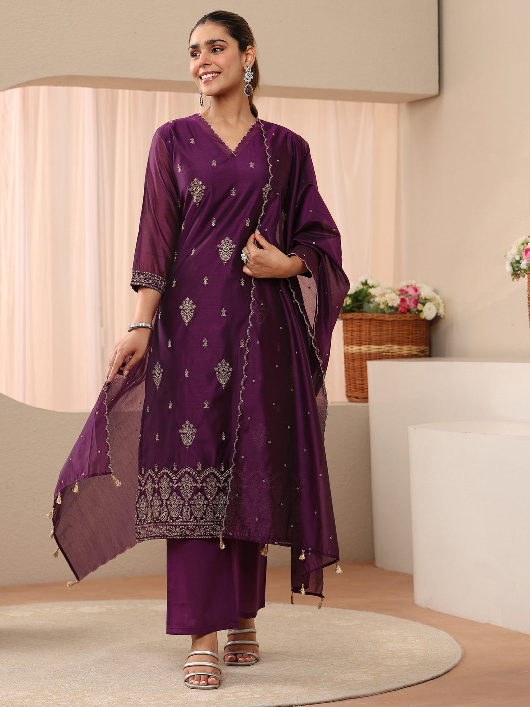 Purple Ethnic Embroidered Chanderi Silk Straight Suit Set 