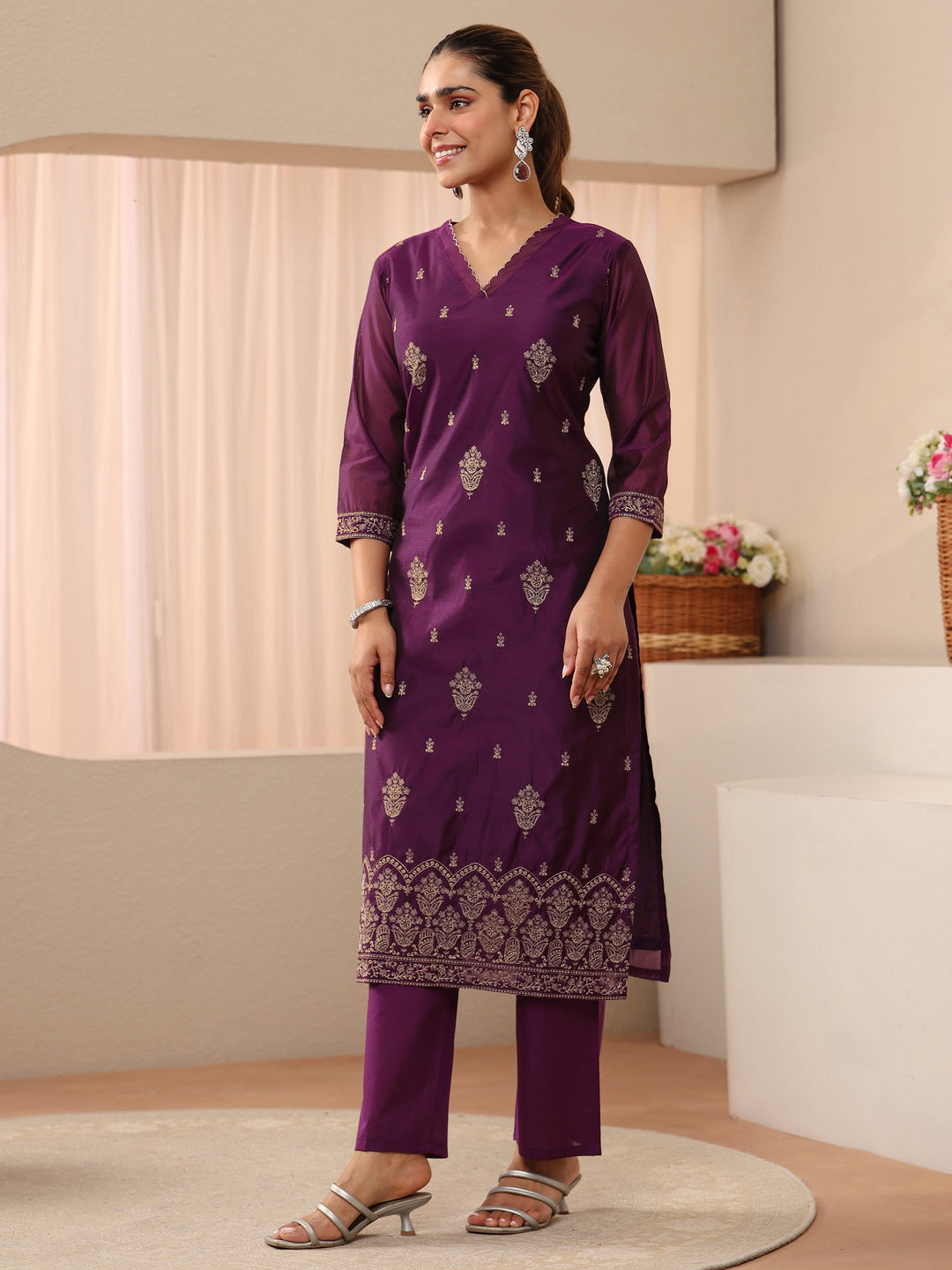  Purple Ethnic Embroidered Chanderi Silk Straight Suit Set 