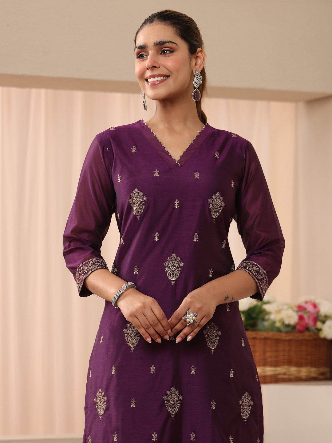 Purple Ethnic Embroidered Chanderi Silk Straight Suit Set 